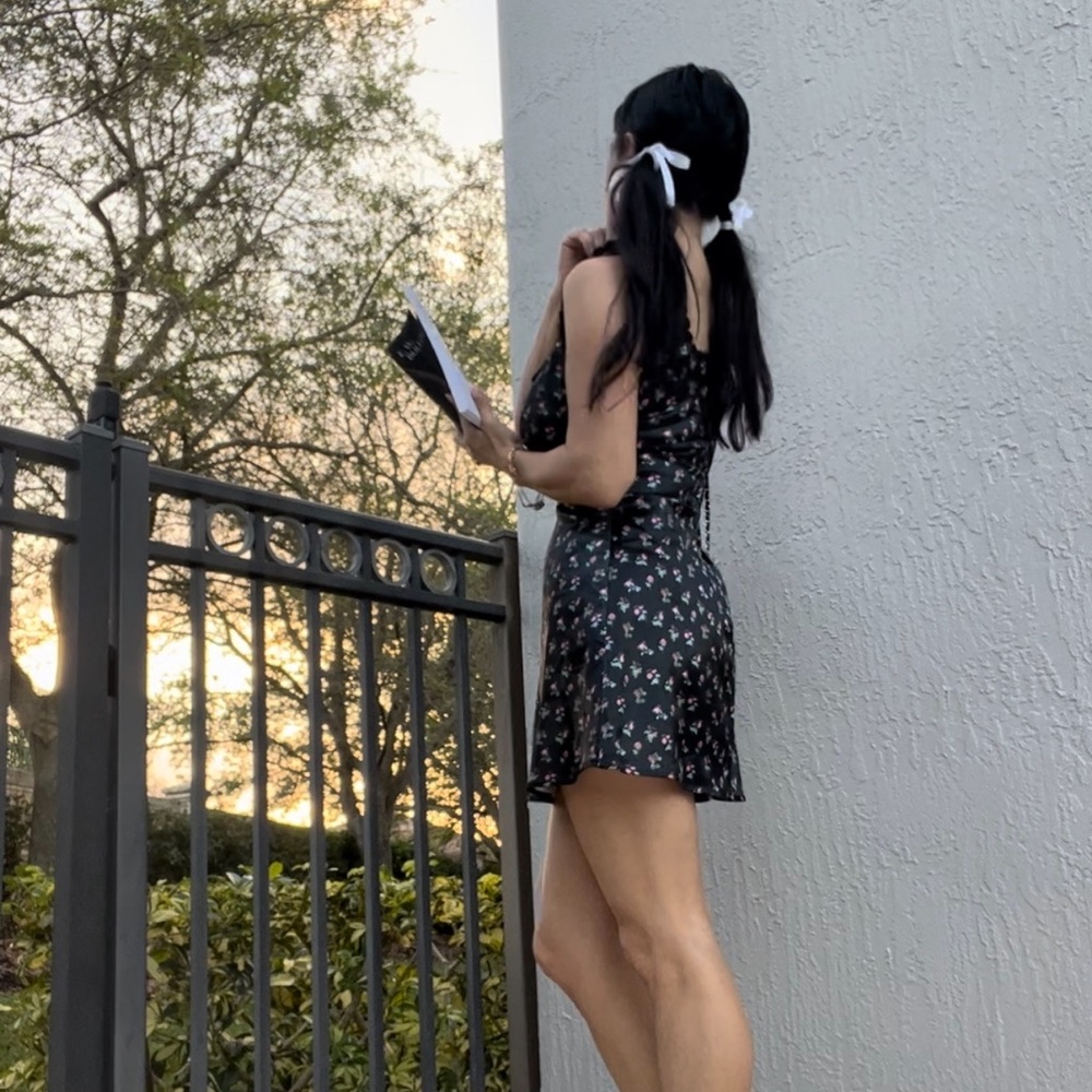 black floral satin mini dress